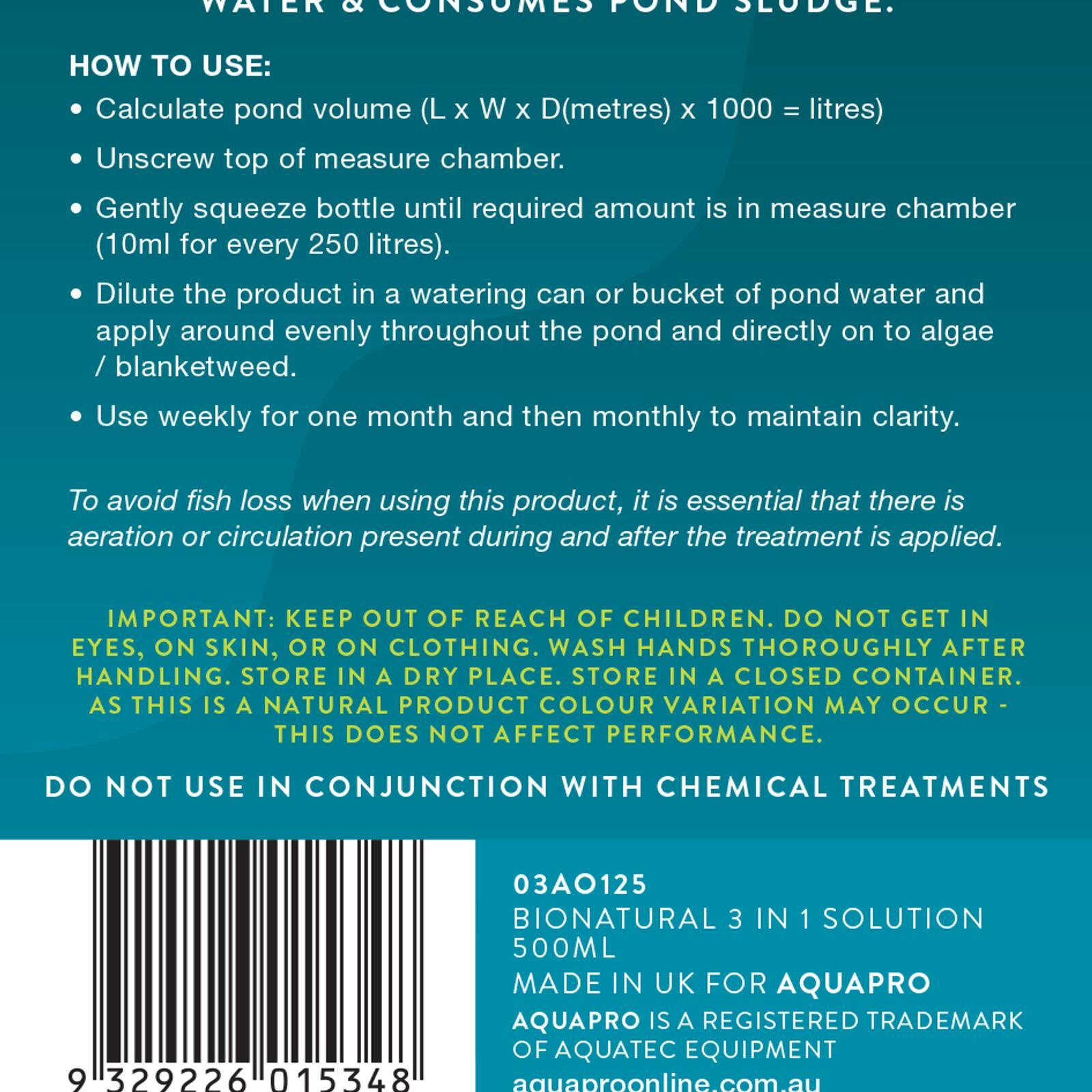 Aquapro 500ml Bionatural 3 In 1 Pond Solution