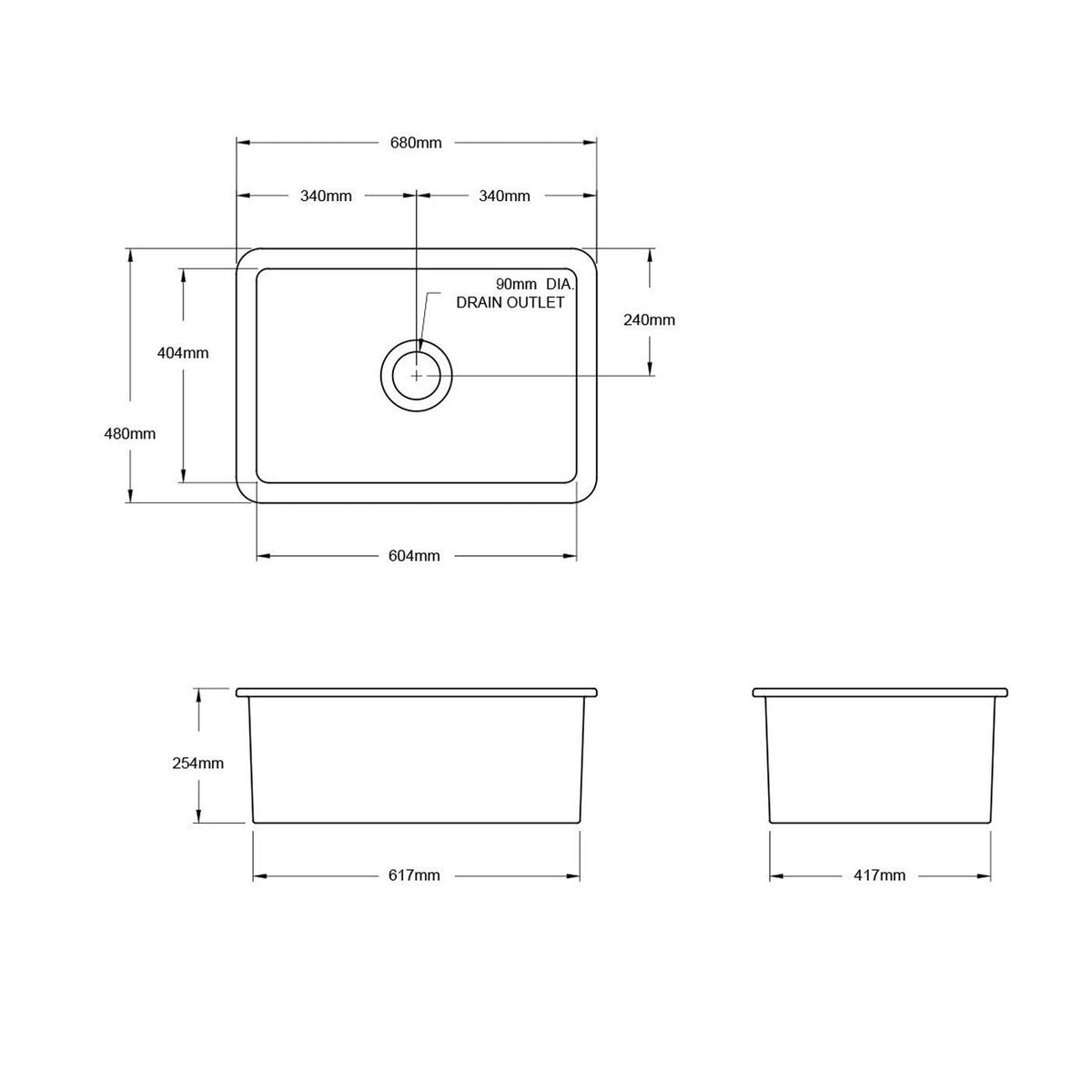 Turner Hastings Cuisine 68 Single Bowl Inset and Undermount Sink - Gloss White, Fine Fireclay, 60L - CU68FS