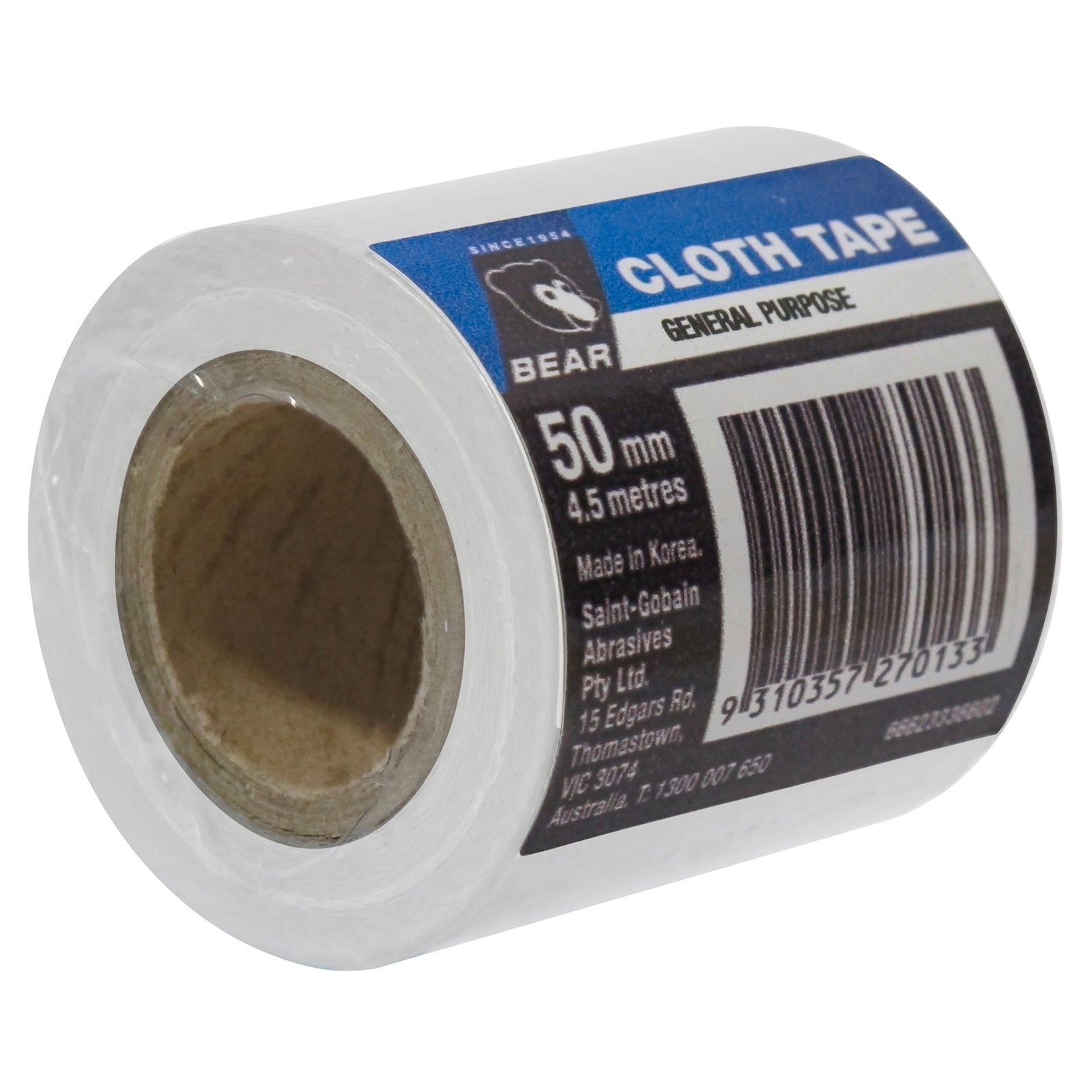 Bear White Cloth Tape 50mm x 4.5m General Purpose Hand-Tearable Repair Tape