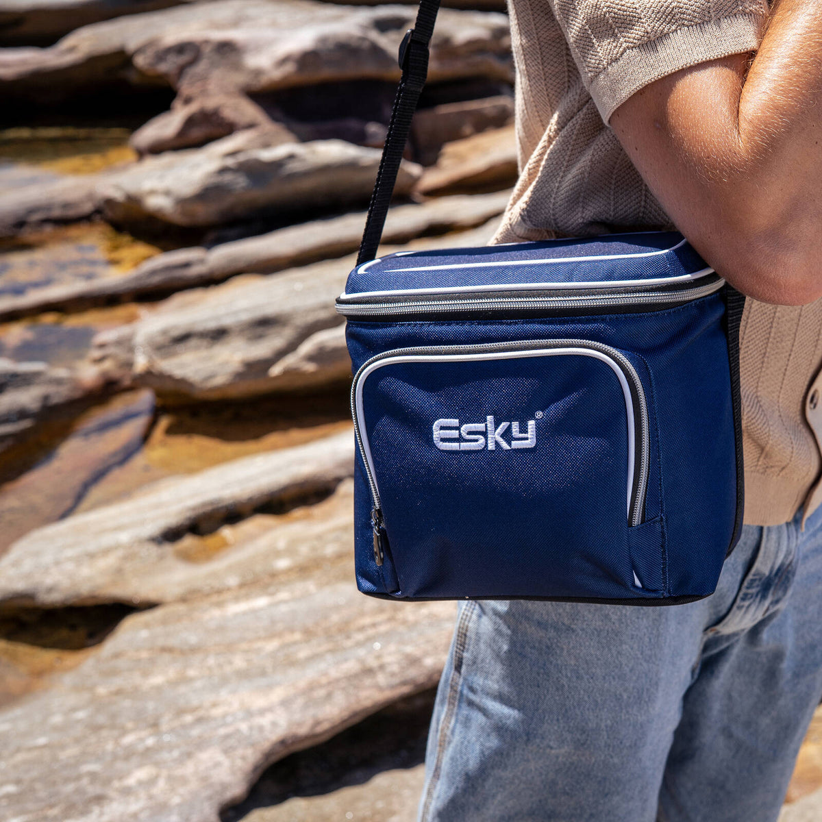 Esky 9 Can Soft Cooler Bag - Blue, Zip-Top with Front Pocket & Shoulder Strap