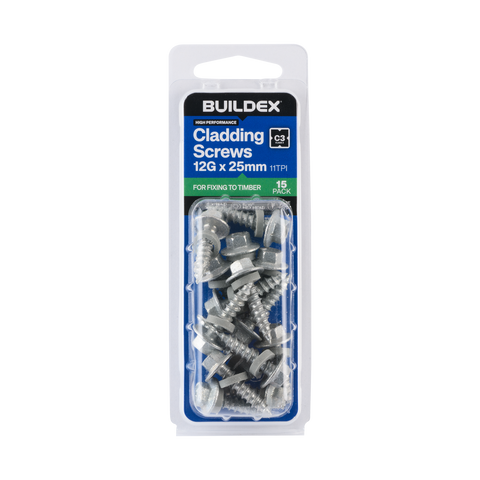 Buildex 12G x 25mm Class 3 Cladding Screws with Seal, Type 17 Hex Head - 15 Pack