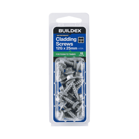 Buildex 12G x 25mm Class 3 Cladding Screws with Seal, Type 17 Hex Head - 15 Pack