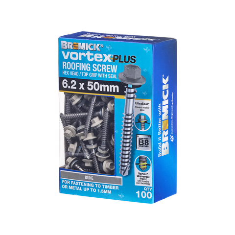 Bremick Vortex Plus Roofing Screw 6.2 x 50mm - Hex B8 - Dune - Box of 100 - SuperSaverAU - view 1