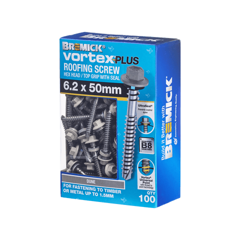 Bremick Vortex Plus 6.2 x 50mm Hex Roofing Screws B8 Dune - 100 Pack