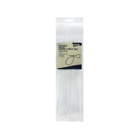Click 300mm White Double Headed Nylon Cable Tie UV Resistant 25 Pack CTDH300W