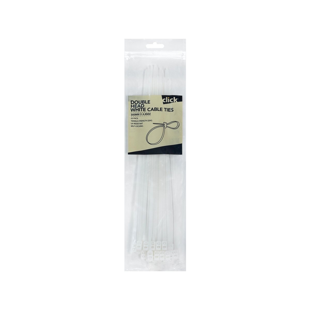 Click 300mm White Double Headed Nylon Cable Tie UV Resistant 25 Pack CTDH300W