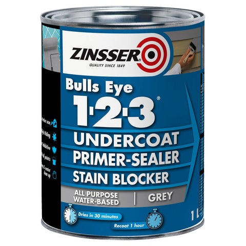 Zinsser Bulls Eye 1-2-3 Primer Undercoat Sealer Stain Blocker Grey 1L