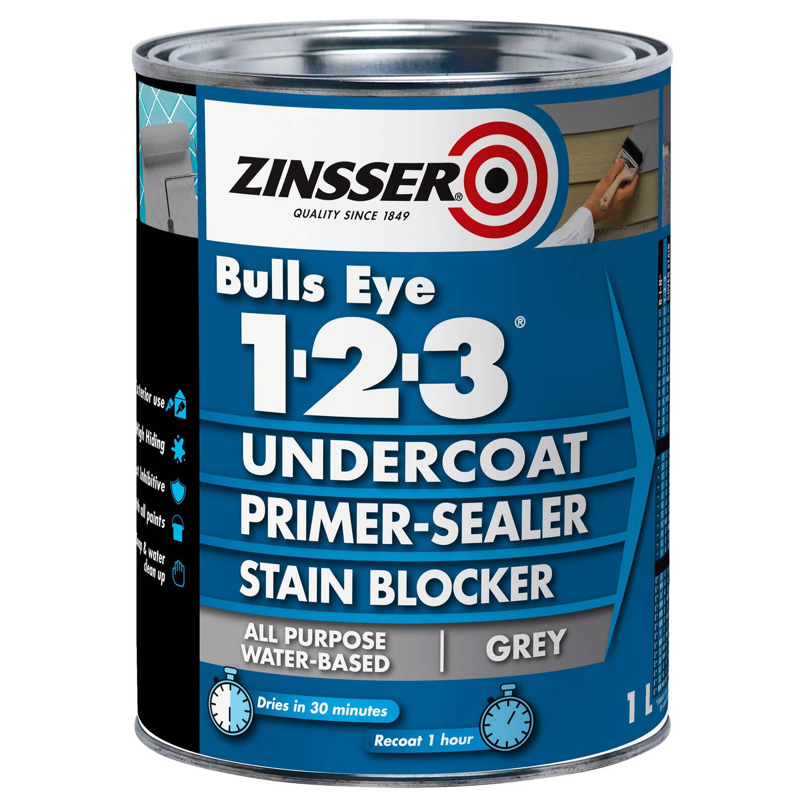 Zinsser Bulls Eye 1-2-3 Primer Undercoat Sealer Stain Blocker Grey 1L