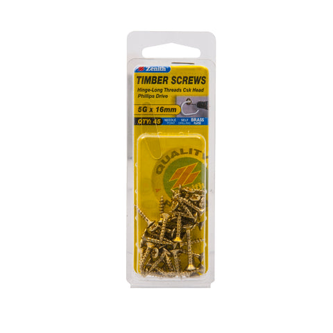 Zenith 5G x 16mm Brass Plated Hinge-Long Thread Countersunk Timber Screws, 45 Pack