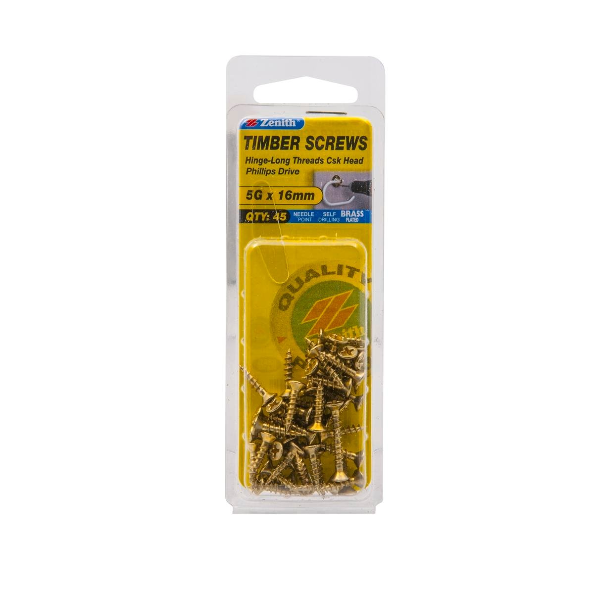 Zenith 5G x 16mm Brass Plated Hinge-Long Thread Countersunk Timber Screws, 45 Pack
