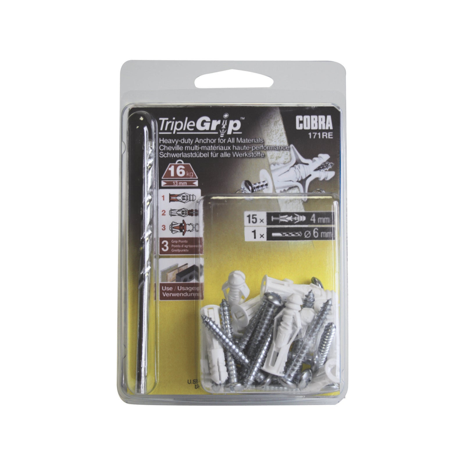 Cobra 4.0mm Triple Grip Heavy Duty Anchor Screws 15 Pack Wall Fixings