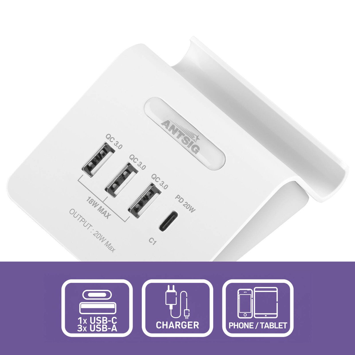 Antsig 20W Compact USB Charger - 3x QC 3.0 USB-A + USB-C PD, Device Holder AP3034B