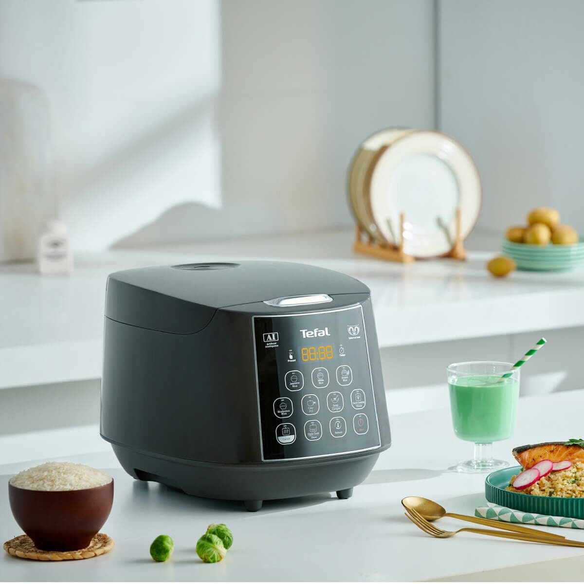 Tefal Easy Rice & Slow Cooker Plus 1.8L - Fuzzy Logic, 11 Cooking Programs, Dark Grey - RK736