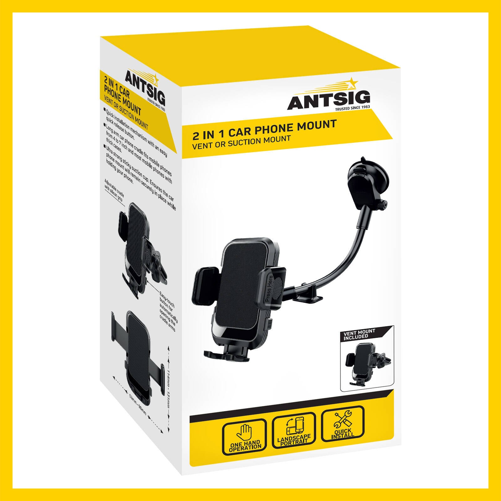 Antsig 2-in-1 Car Phone Mount - Vent & Suction, Quick-Release ABS AP091B