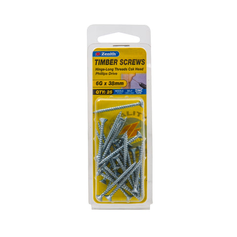 Zenith 6G x 40mm Zinc Plated Hinge-Long Thread Countersunk Timber Screws, 25 Pack