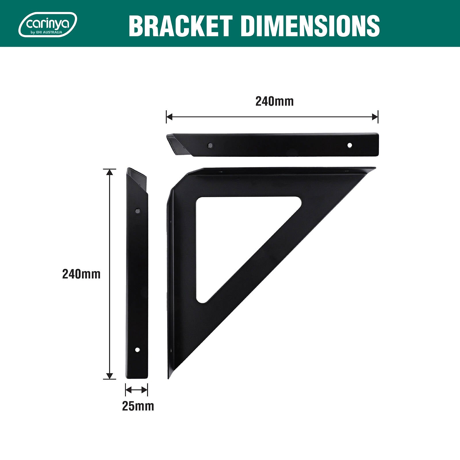 Carinya 240 x 240mm Black Triangle Stayed Bracket - Powder Coated Steel Shelf Bracket