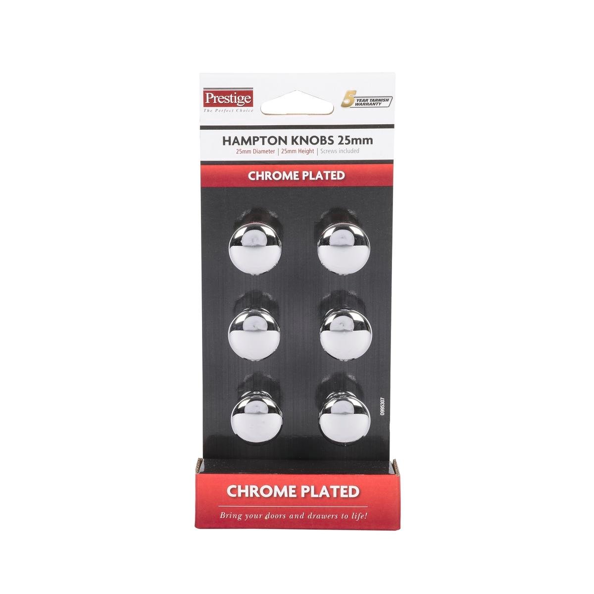 Prestige 25mm Chrome Plated Zinc Alloy Hampton Knob - 6 Pack