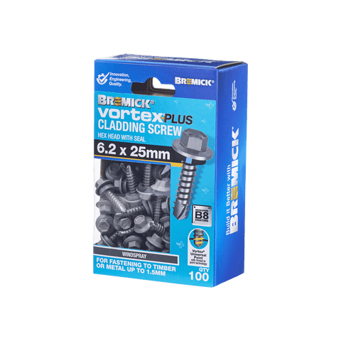 Bremick Vortex Plus 6.2 x 25mm Hex Cladding Screw, Carbon Steel B8 Windspray, Sealed Head Vortex Point - 100 Box