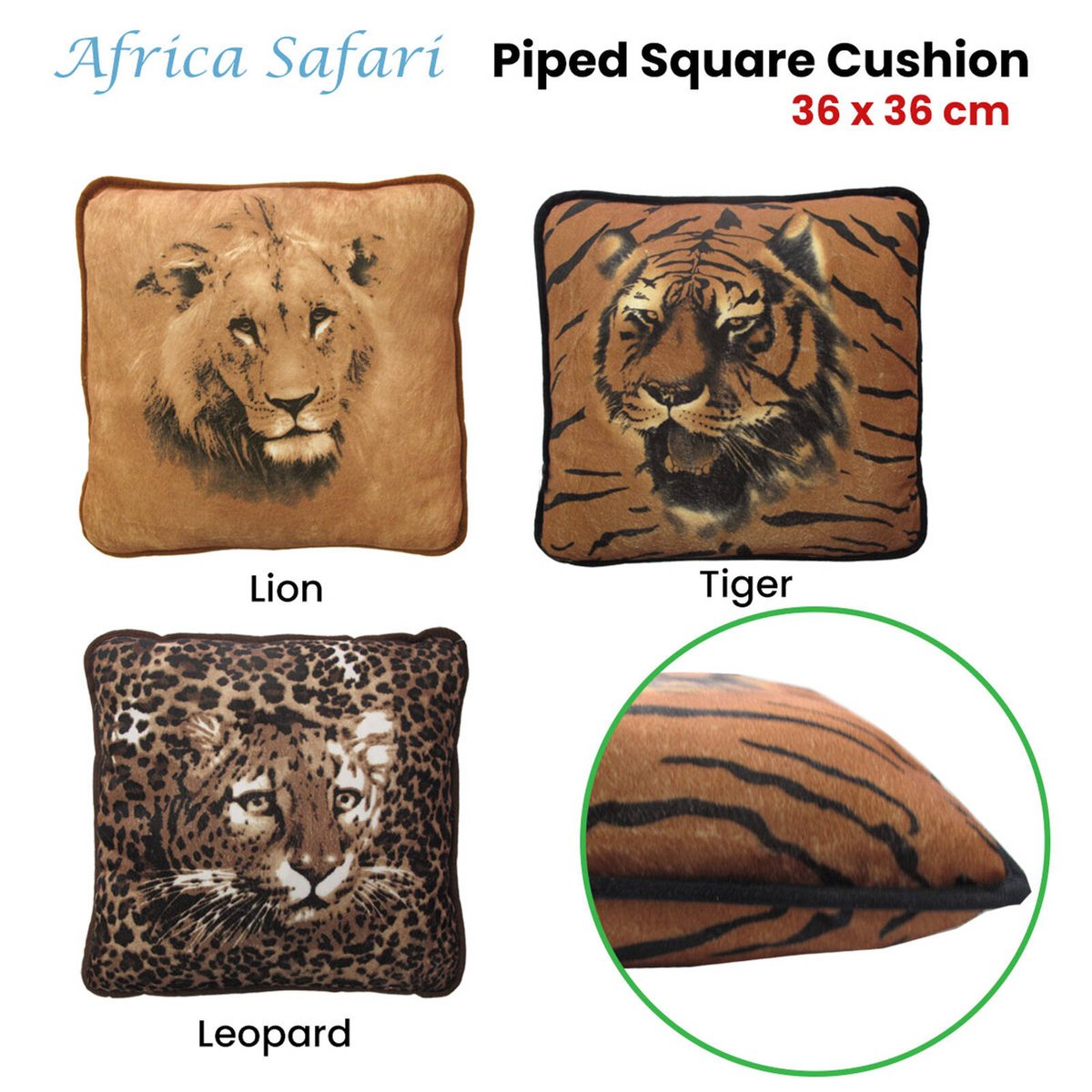 Africa Safari Cushion - Square Piped Edge - 36 x 36 cm - Leopard Print - SuperSaverAU - view 2