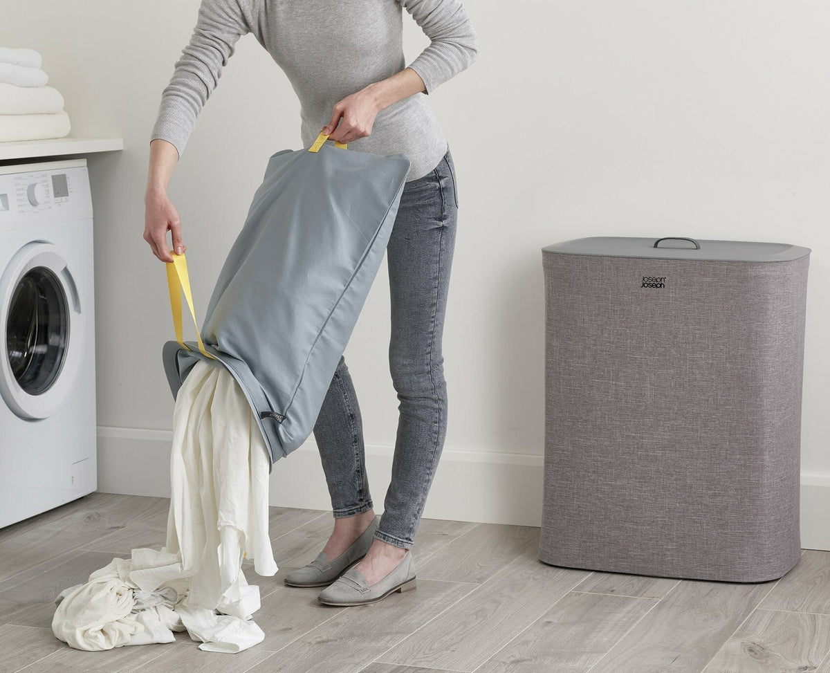Joseph Joseph 90L laundry separation basket - dual 45L compartments, removable tote bags, grey - 50003