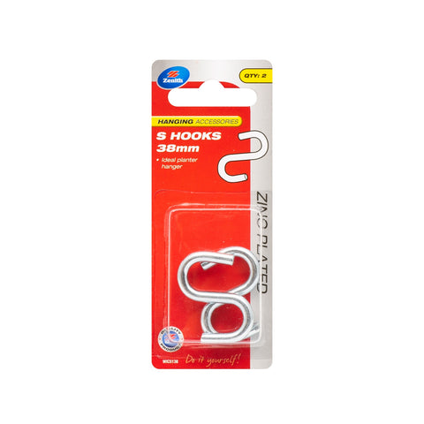 Zenith 38 x 4.3mm Zinc Plated Steel S Hook - 2 Pack