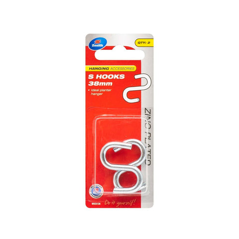 Zenith S Hook - 38mm x 4.3mm - 2 Pack - Zinc Plated - Corrosion Resistant - SuperSaverAU - view 1