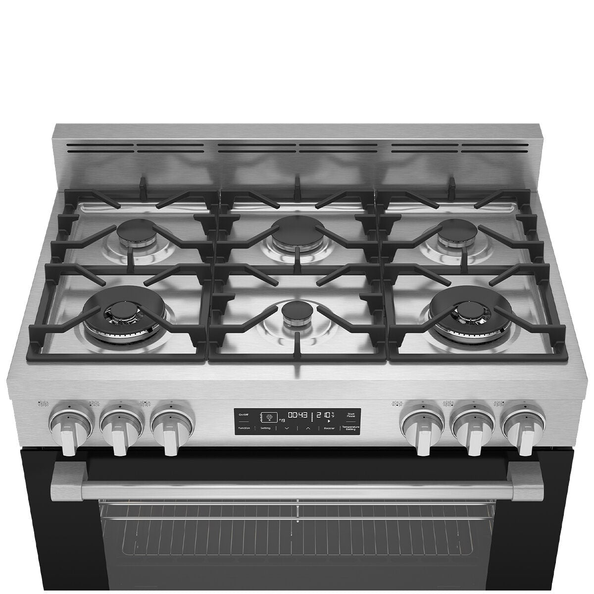 Beko 90cm Dual Fuel Freestanding Oven - 130L Twin Fan, Six Gas Burners, Stainless Steel - BFC918GMX1