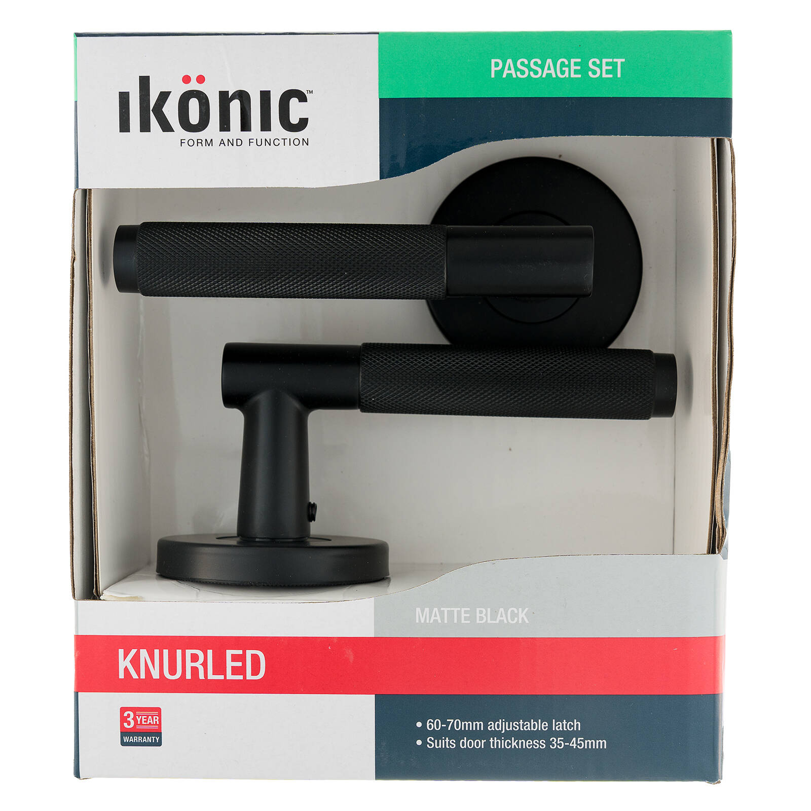 Ikonic Knurled Passage Lever Set Matte Black, Zinc Construction, for Hallway & Living Area Doors