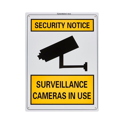 Sandleford Surveillance Cameras In Use Sign 300 x 225mm Polypropylene Weather Resistant White/Yellow/Black