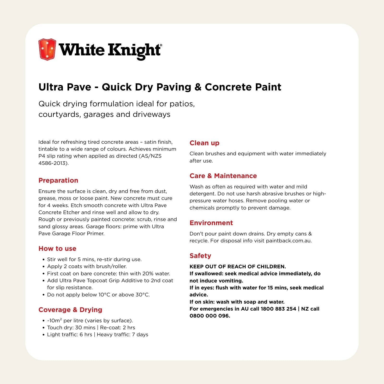 White Knight Ultra Pave 1L Medium Grey Quick Dry Paving & Concrete Paint - Water Based, UV Resistant, Recoat 2hrs