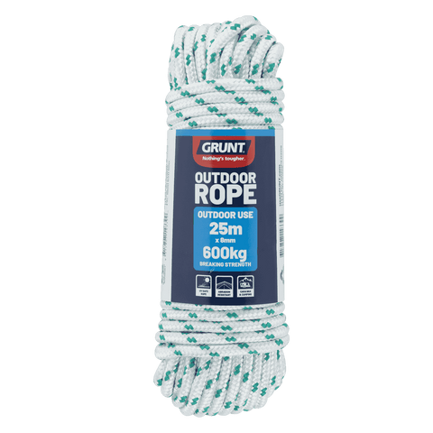 Grunt 8mm x 25m Outdoor Rope, White with Green Trace, Braided Polypropylene, 600kg Break Strength