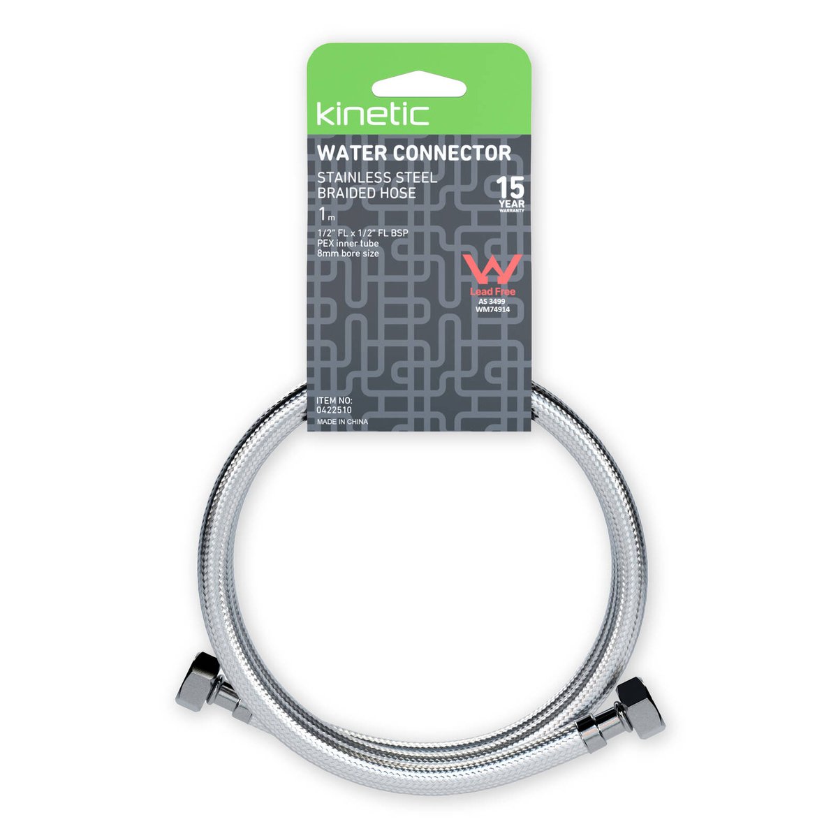 Kinetic 1000mm Stainless Steel Flexible Braided Water Connector 500kPa
