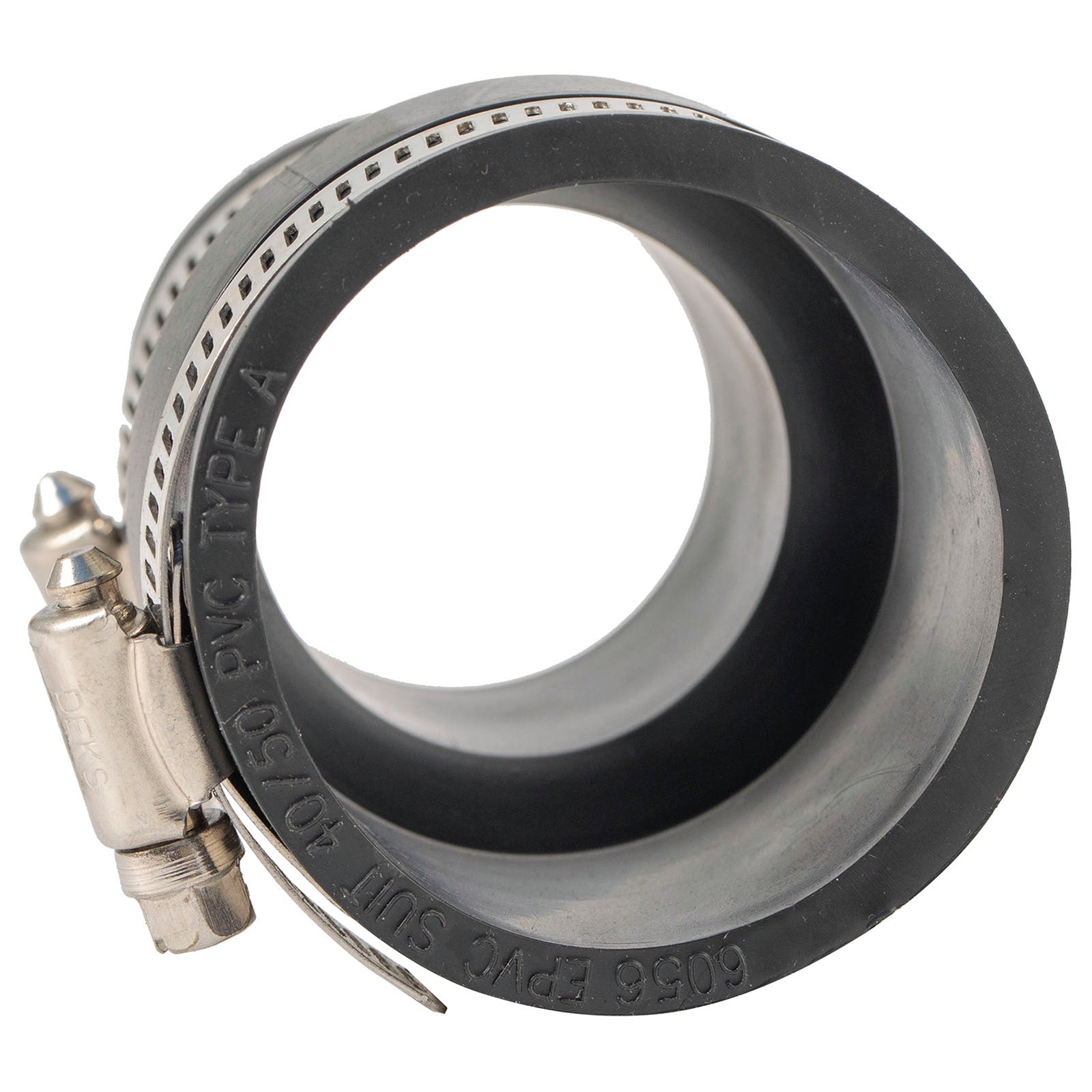 Deks 50 x 40mm Reducer Rubber Joiner - EPDM & Stainless Steel, Underground Rated, Black