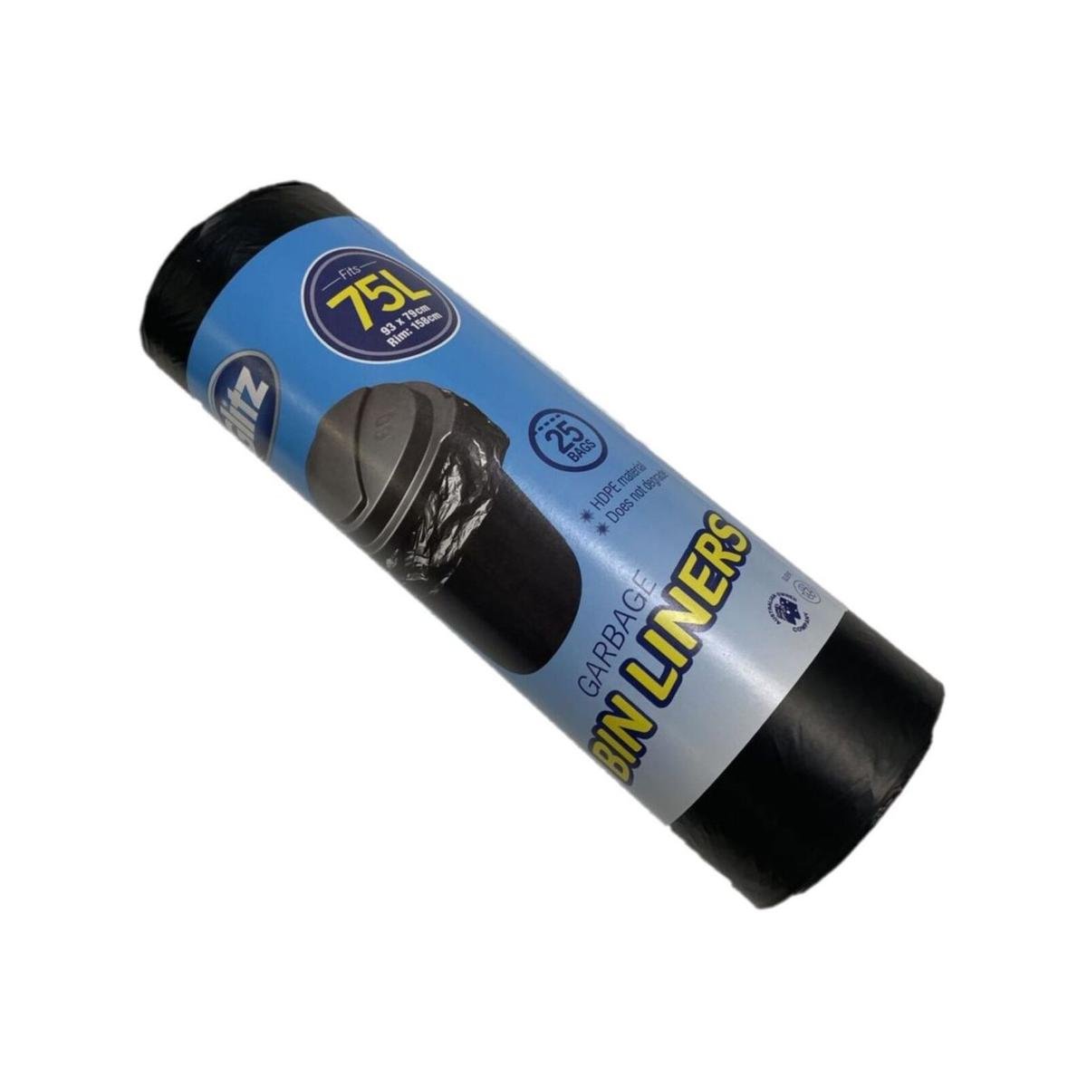 Glitz 75L Black Garbage Bags, 25 Pack, High-Density Polyethylene