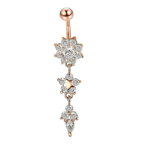 Dangle Belly Button Ring with Flower Crystals, Surgical Steel - Rose