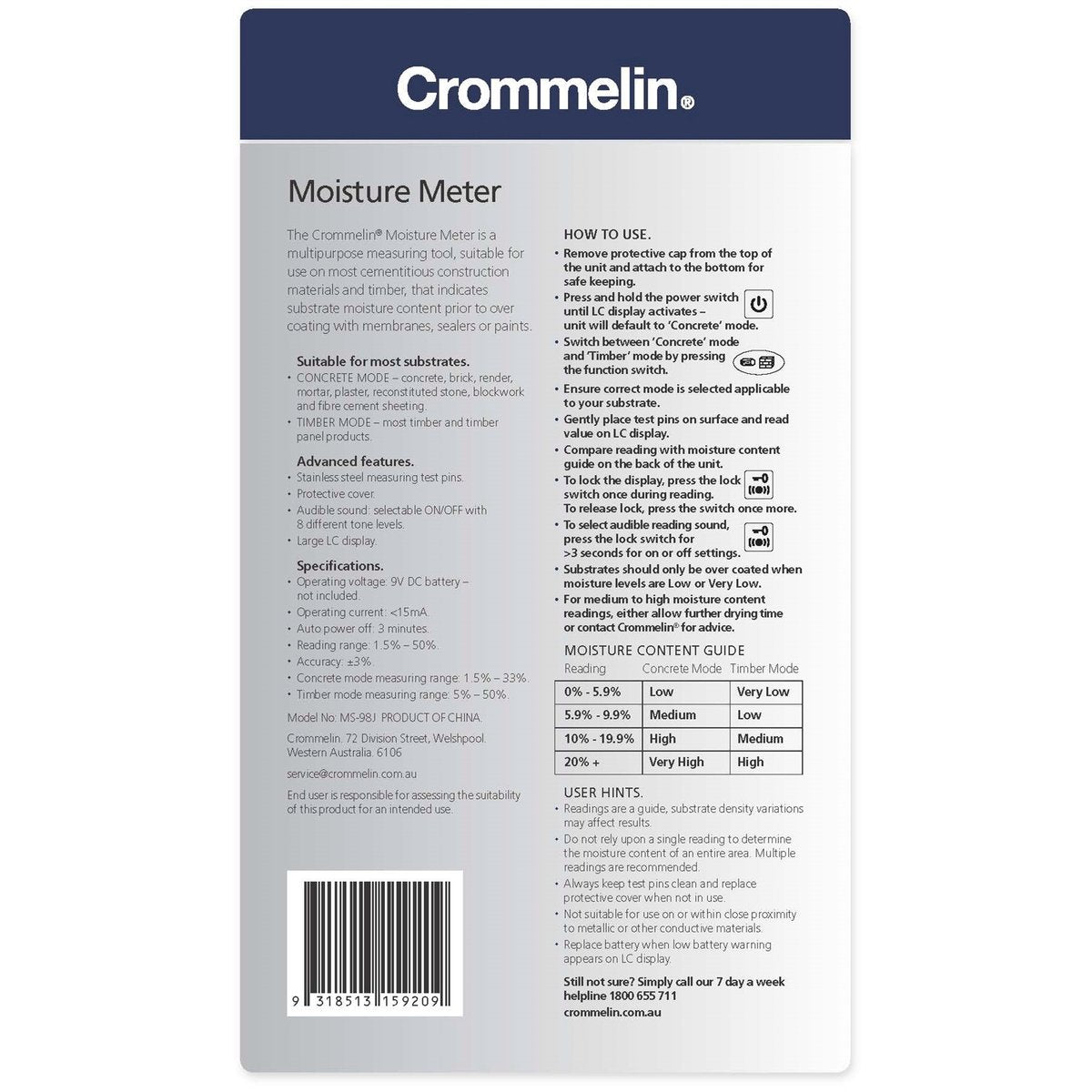 Crommelin Electronic Moisture Meter 1592-001 for Building Materials