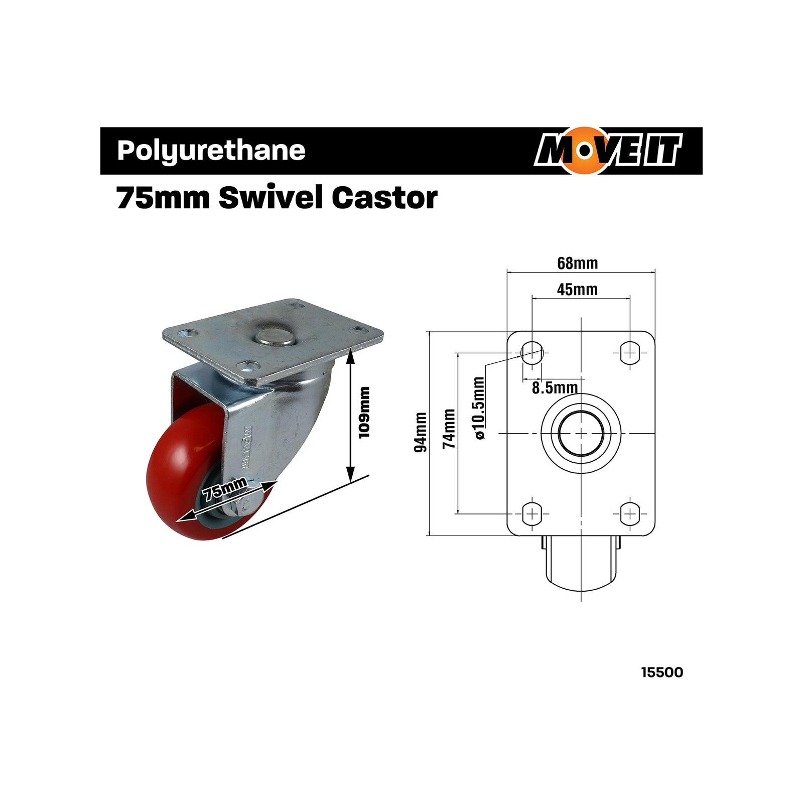 Move It 75mm Polyurethane Swivel Castor 120kg Indoor Outdoor