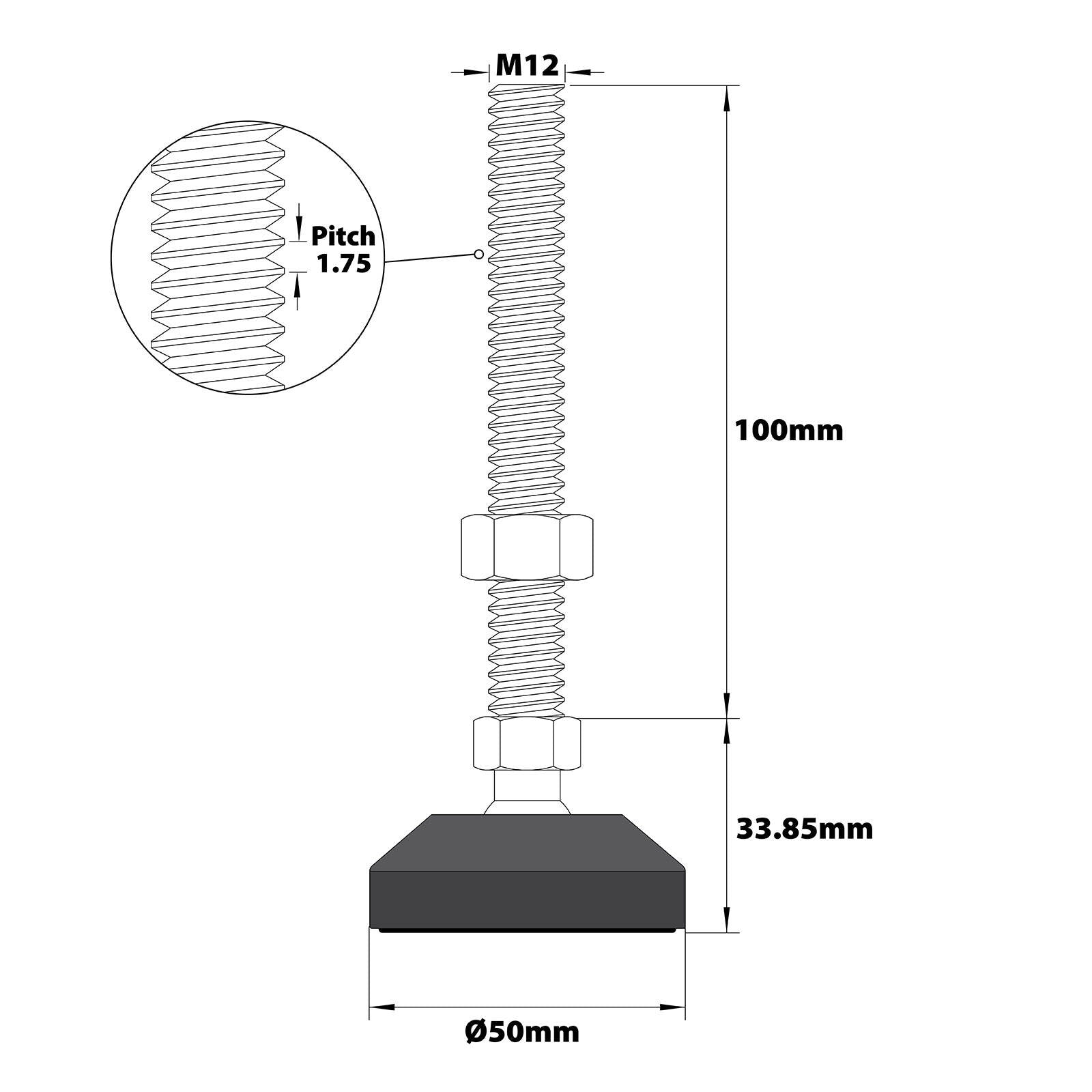 Easyroll 50mm Round Adjustable Foot With 100mm M12 Bolt