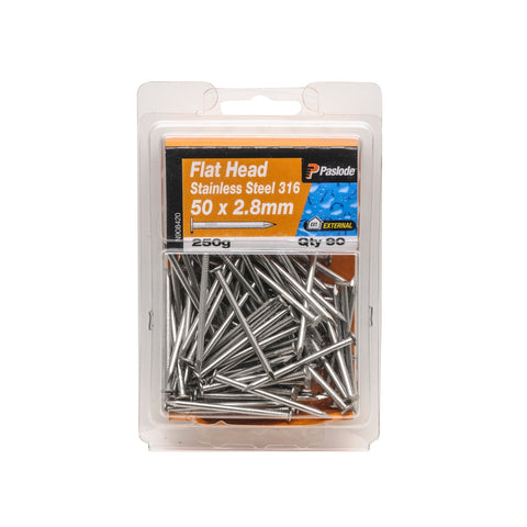 Paslode 50 x 2.8mm 316 Stainless Steel Flat Head Nails - 90 Pack, 250g
