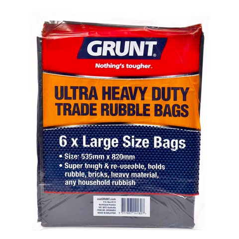 Grunt 44L Ultra Heavy Duty Trade Rubble Bags Black Waterproof 6 Pack