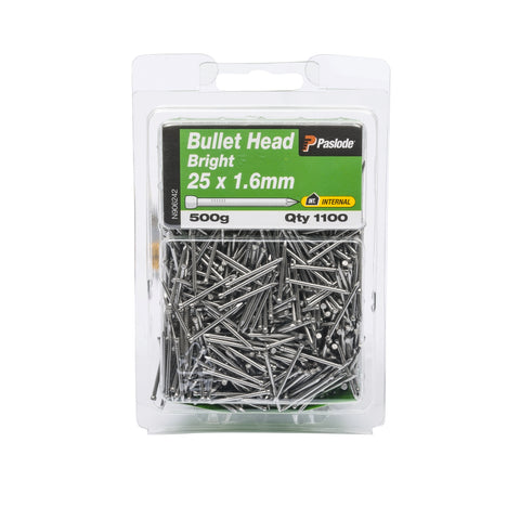 Paslode Bullet Head Nails 25 x 1.6mm Bright Steel 500g 1100 Pack