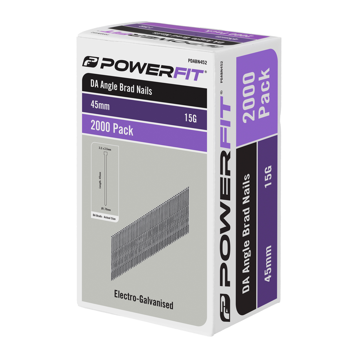 PowerFit 45mm DA Angled Brad Nails 15 Gauge Electro-Galvanised - 2000 Pack