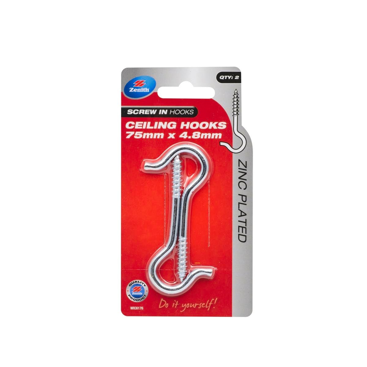 Zenith 75 x 4.8mm Zinc Plated Steel Ceiling Hook - 2 Pack