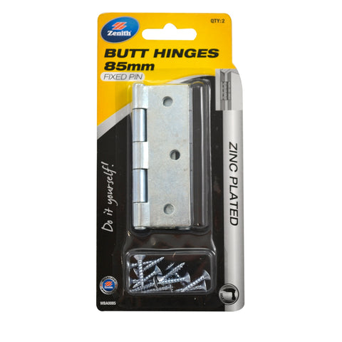 Lane 85 x 60 x 1.6mm Zinc Plated Durasmooth Fixed Pin Butt Hinge, Internal, 2 Pack