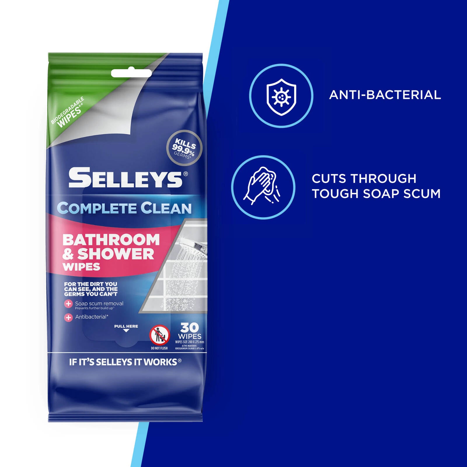 Selleys Complete Clean Bathroom and Shower Wipes - 30 Pack