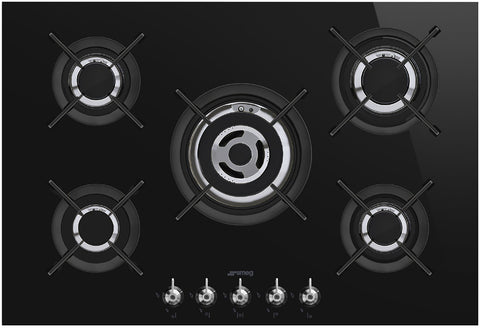 Smeg 75cm 5 Burner Gas Cooktop - Black Ceramic Glass - Wok Burner - Flame Failure Device - PV375CNAU