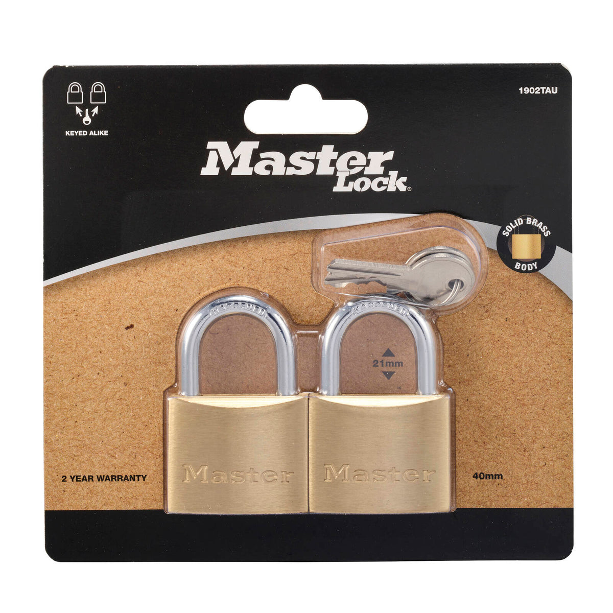 Master Lock 40mm Solid Brass Keyed Padlock, 2 Pack Keyed Alike, Hardened Steel Shackle