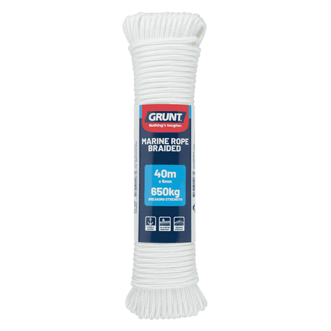 Grunt 6mm x 40m White Polyester Marine Braided Rope 650kg