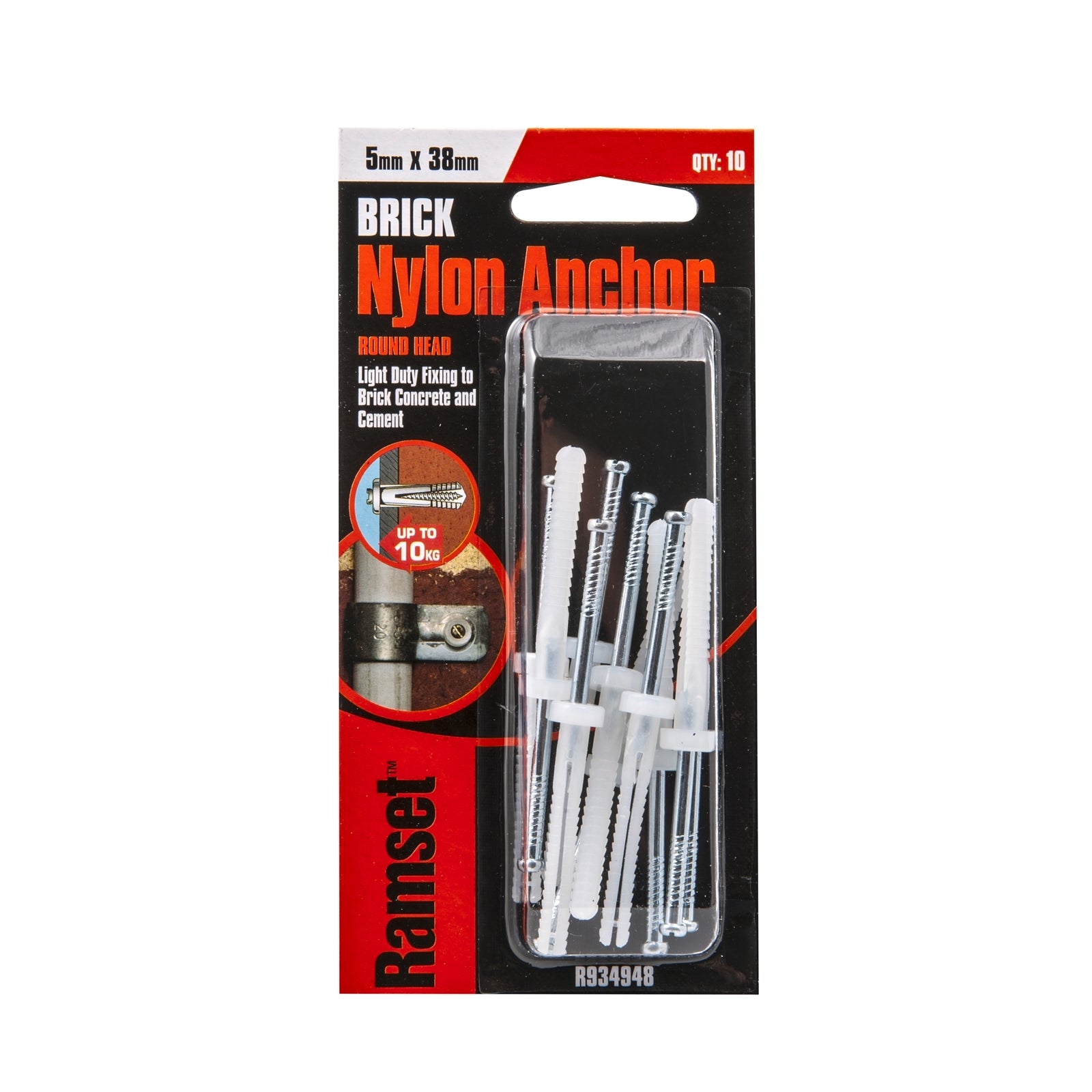Ramset 5 x 38mm Nylon Masonry Drive Anchor 10 Pack - Round Head, Gold Passivated