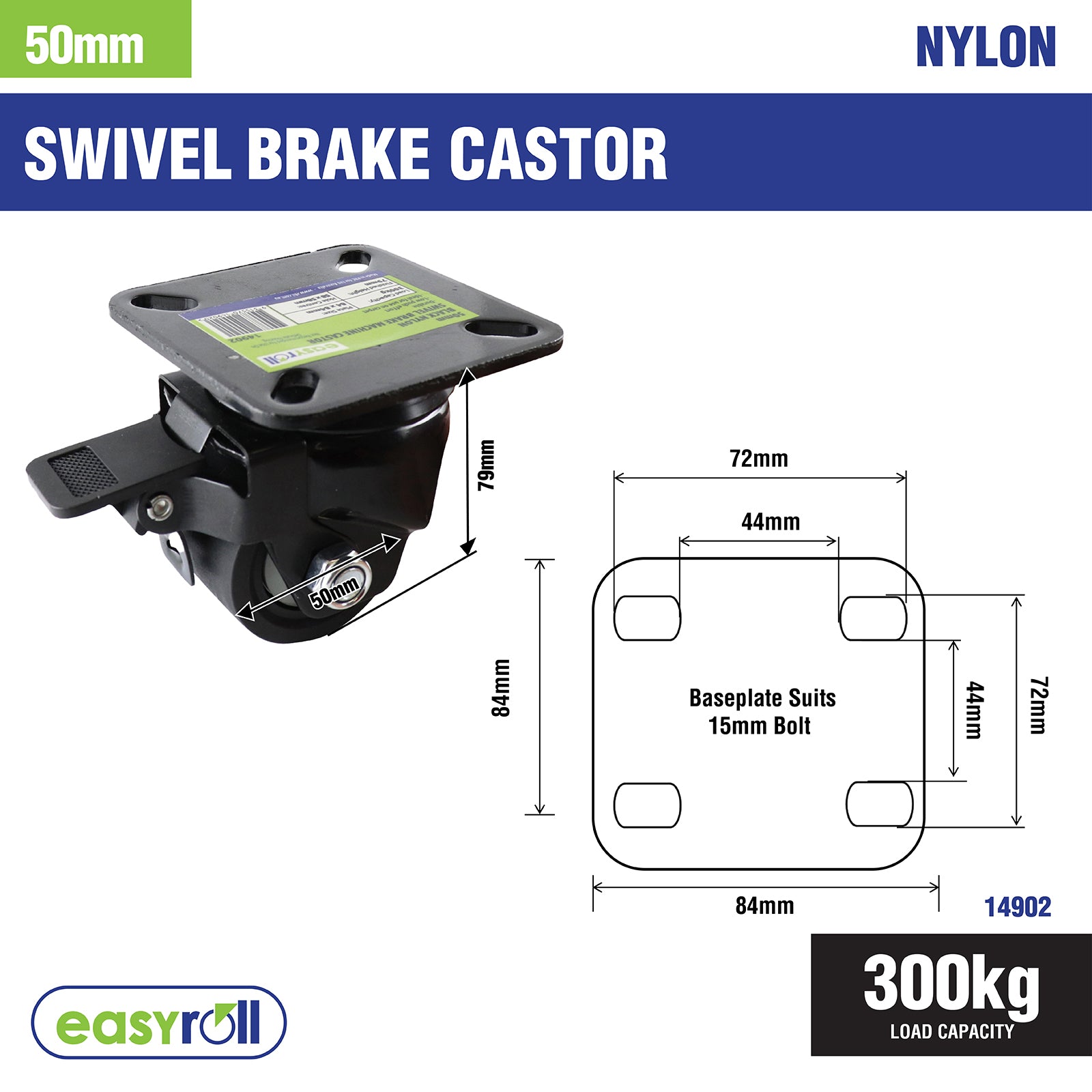 Easyroll 50mm Black Nylon Swivel Castor with Brake, 300kg Load